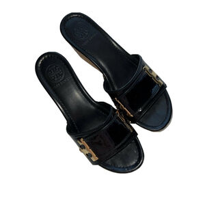 Tory Burch Wedge Sandals Size 7 Black Patent Leather